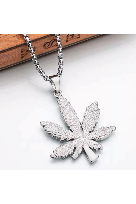 Weed Cannabis Maple Leaf Silver Gold Black Chain Necklace Pendant Gift-Silver