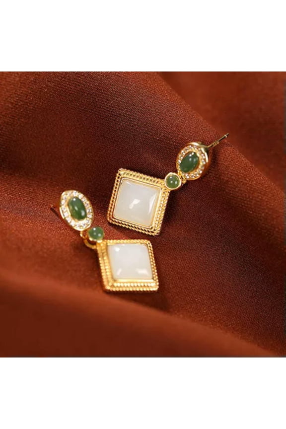 White Jade Diamond Earrings Jewelry Ear Studs Women Natural 925 Silver