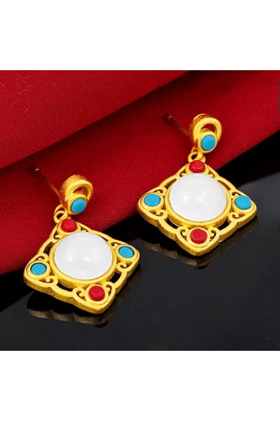 White Natural Jade Diamond Earrings 18K Gold Plated Ear Stud Real Jewelry
