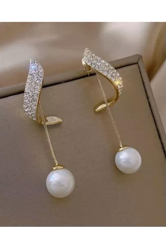 White Pearl Ear Jacket Earrings Front Back Double Side Gold Tone Drop Dangle