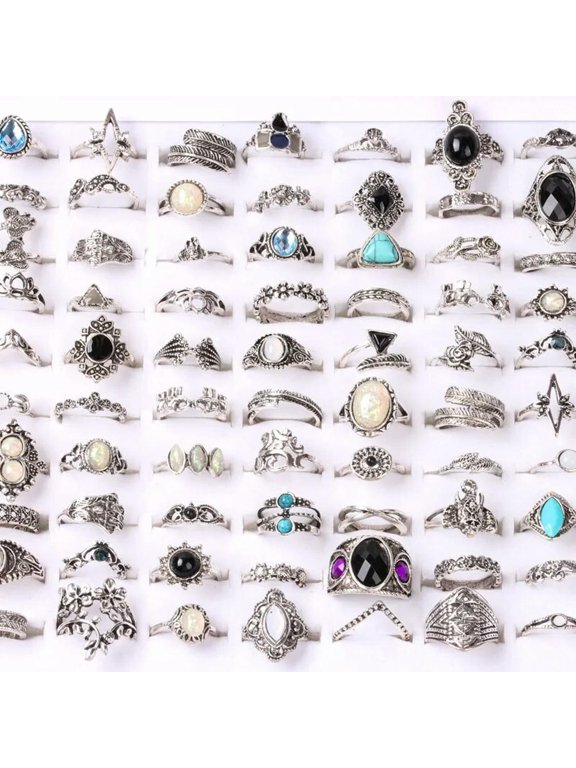 Wholesale 100pcs Bohemian Silver CZ Vintage Flower Finger Mix Ring Women Jewelry