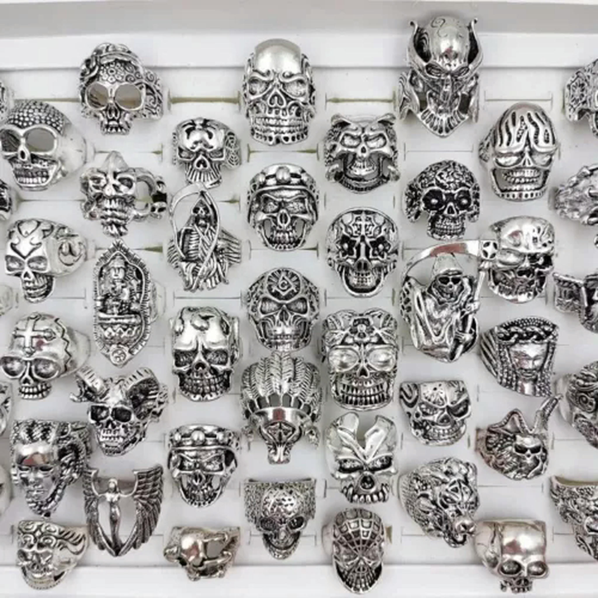 HOOUN Wholesale 100pcs Gothic Punk Skull Rings Skull Biker Vintage Charm Jewelry Gifts-100pcs Opp Bag-silvery