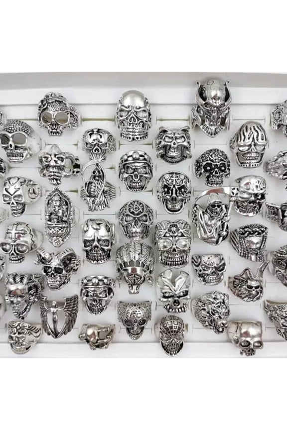 Wholesale 100pcs Gothic Punk Skull Rings Skull Biker Vintage Charm Jewelry Gifts-100pcs Opp Bag-silvery