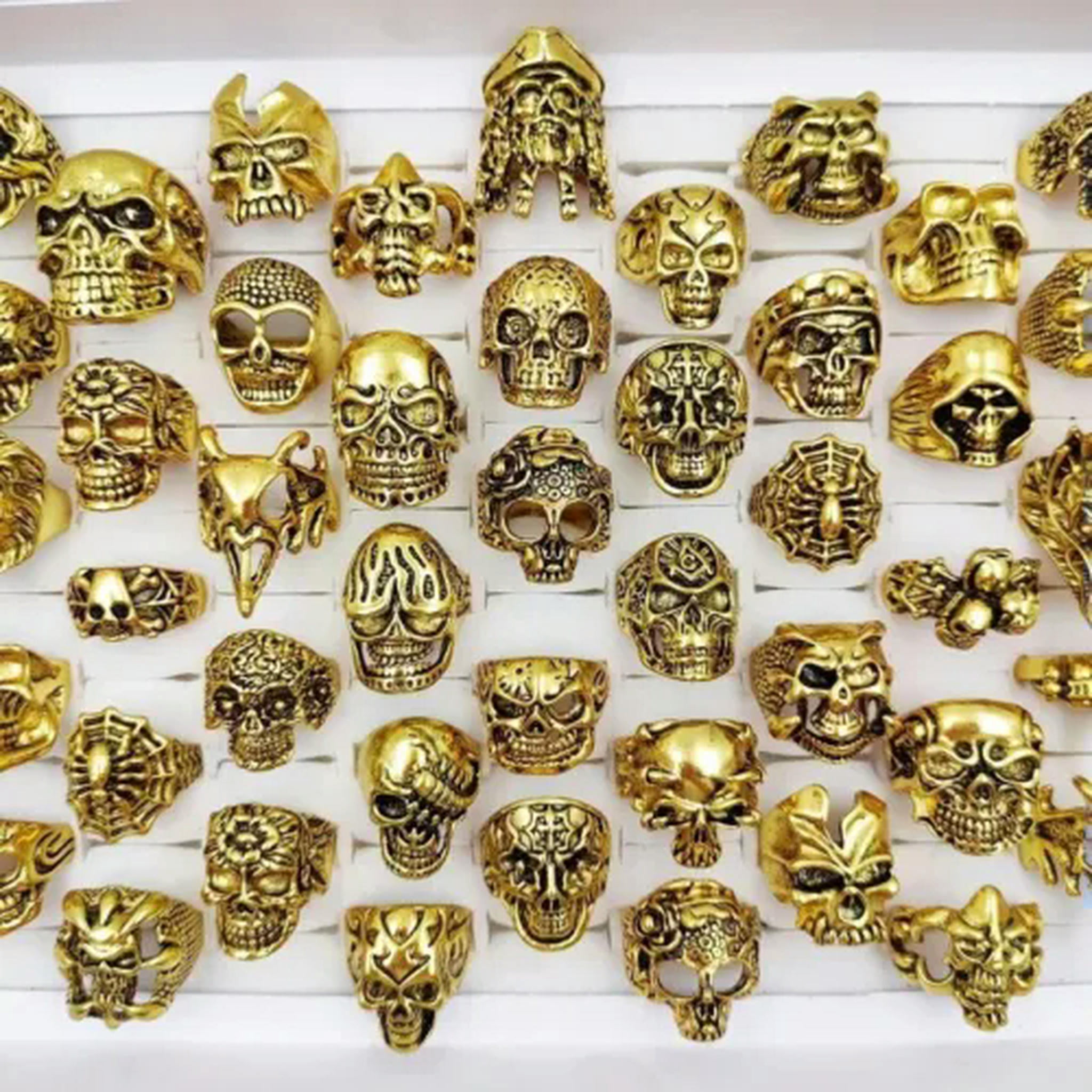 HOOUN Wholesale 100pcs Gothic Punk Skull Rings Skull Biker Vintage Charm Jewelry Gifts-20pcs Opp Bag-golden