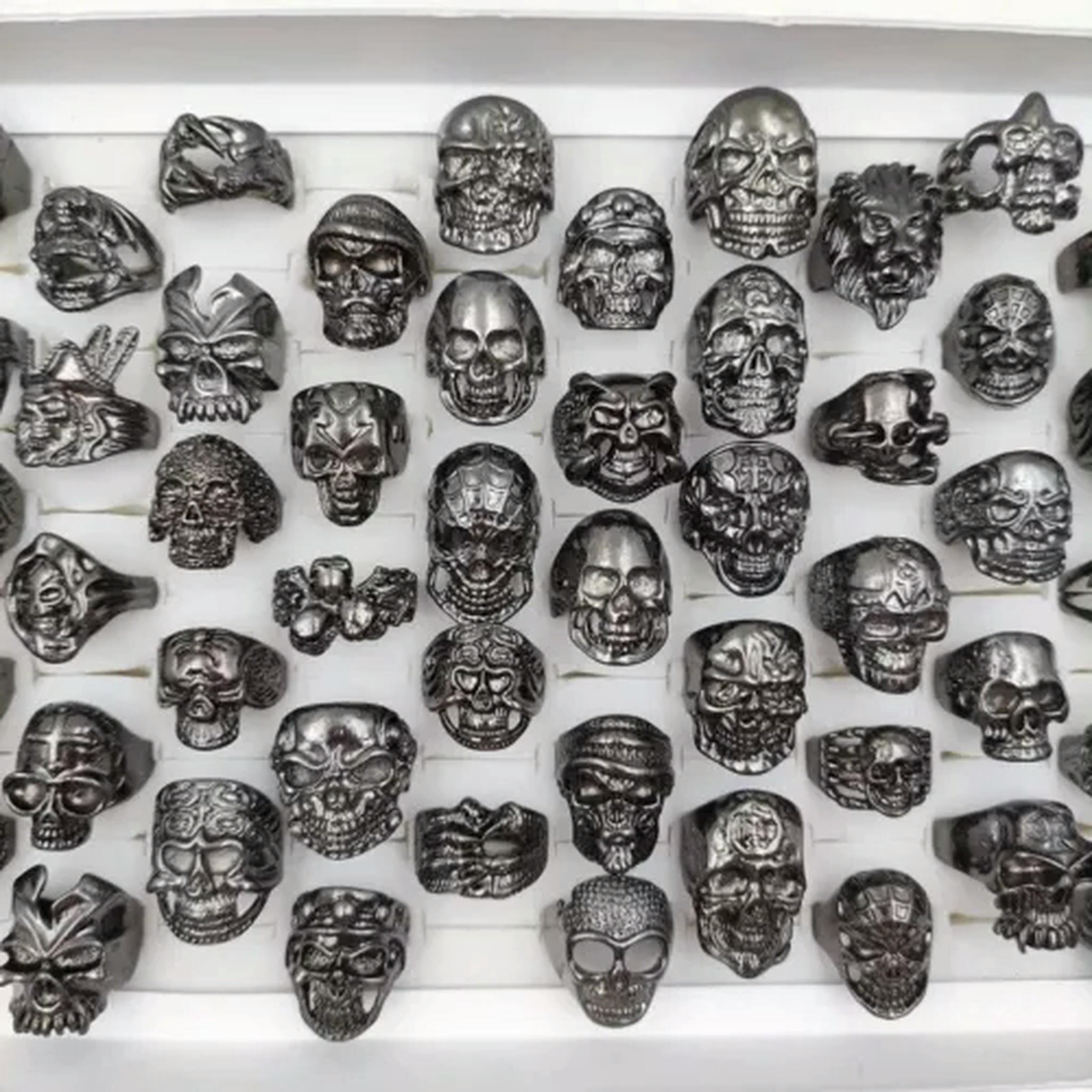 HOOUN Wholesale 100pcs Gothic Punk Skull Rings Skull Biker Vintage Charm Jewelry Gifts-20pcs Opp Bag-matte black