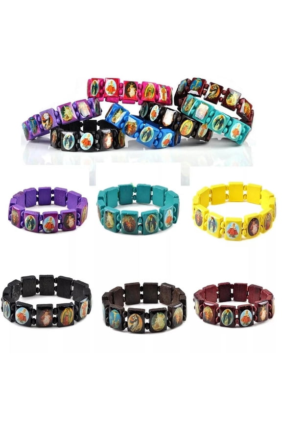 Wholesale 12pcs SAINT BEAD BRACELET Wood Stretch Religious Catholic Gift bangle