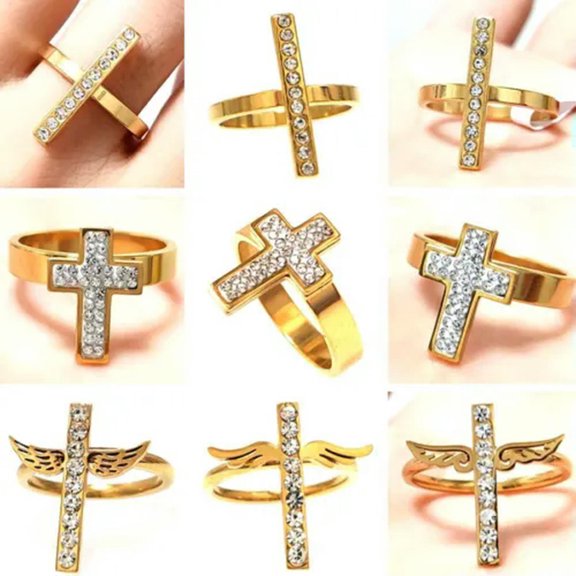 HOOUN Wholesale 30pcs Luxury Gold Religious Ring Stainless Steel Zircon Cross Rings-A