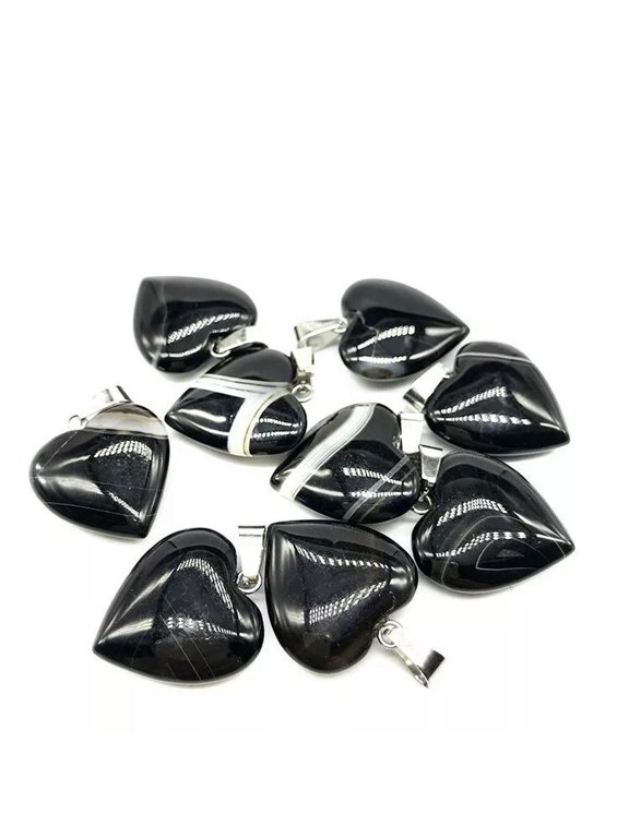 Wholesale 50pcs Black Agate Stone Gems Heart Pendant Bead Jewelry Making 20mm