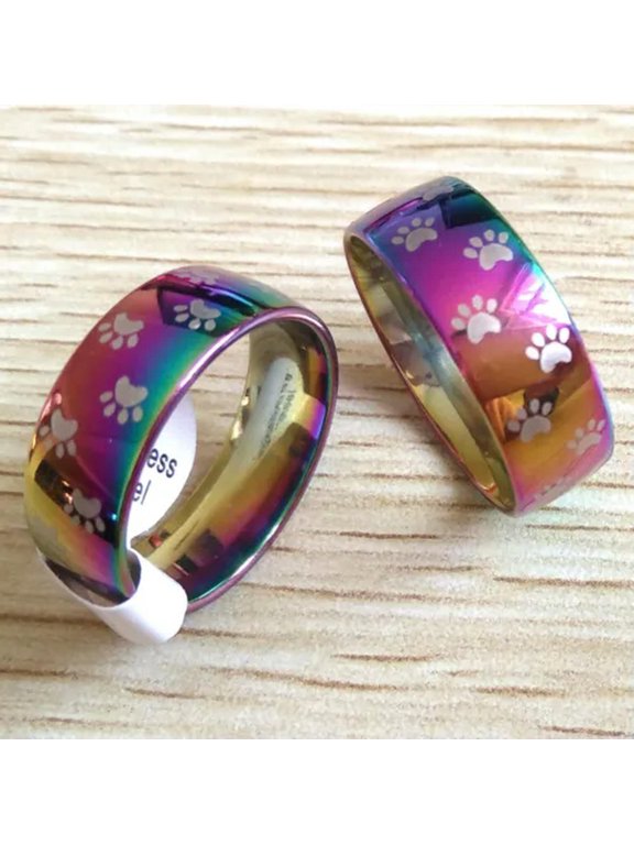 Wholesale 50pcs Rainbow Dog Cat Paw Print 316L Stainless Steel footprints Rings