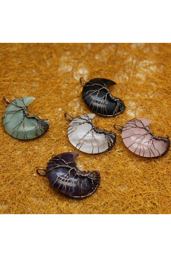 Wholesale 5pcs Natural Mixed Stone Life Tree moon Amulet Luck Pendant 45x32mm