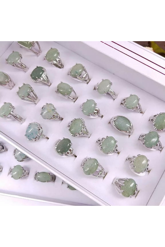 Wholesale Lots 100Pcs Green Aventurine Quartz Gemstone Silver Tone Rings Jewerly