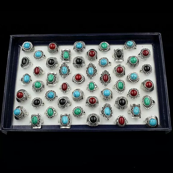 HOOUN Wholesale Mixed Lots 50pcs Women Rings Red Natural Stone Jewelry Silver P Ring