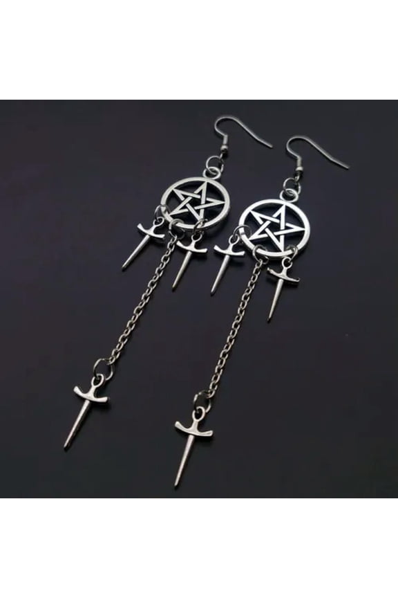 Wholesale Women Sun and Moon Tassel Drop Earrings Silver Plated Hippie Jewelry-1#Pentagram sword