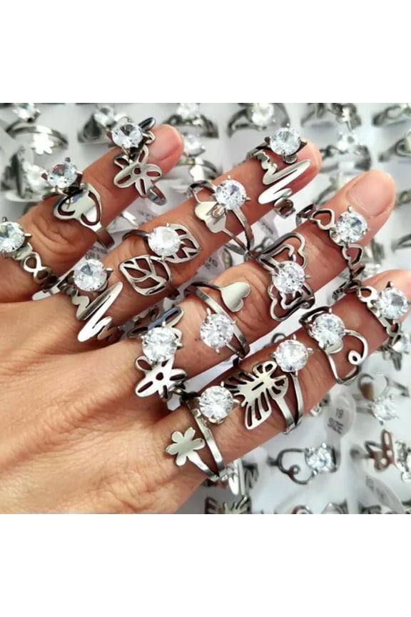 Wholesale lots 30pcs Vintage Silver Cute Laser Cut Stainless Steel Zircon Ring