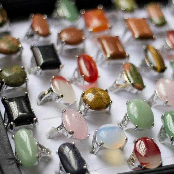 HOOUN Wholesale lots of jewelry 100pcs Big assorted Natural Gemstone Silver P Rings
