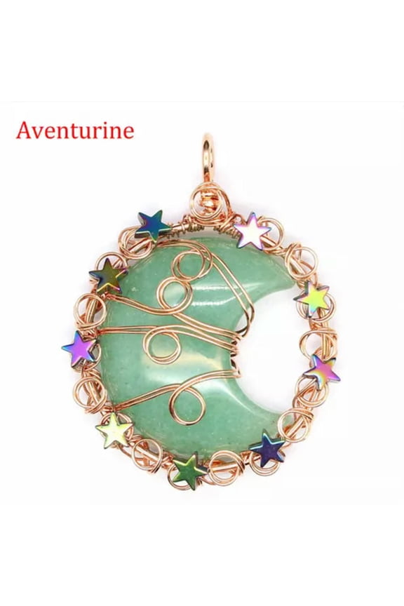 Wire Wrap Crystal Moon Star Pendant Natural Stone Quartz Jewelry Reiki Healing-Aventurine-1PC (No Chain)