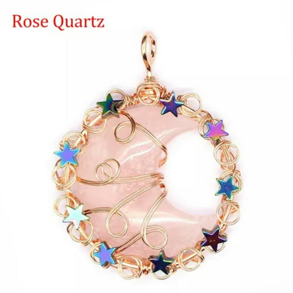 HOOUN Wire Wrap Crystal Moon Star Pendant Natural Stone Quartz Jewelry Reiki Healing-Rose Quartz-1PC (No Chain)
