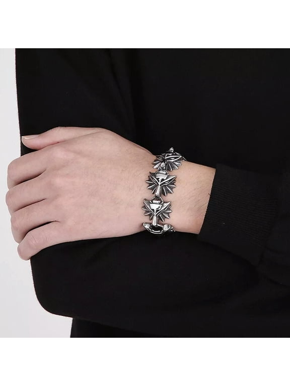 Wizard Cross Wolf Link Chain Bracelet Witcher Bangle Stainless Steel biker 8.66'