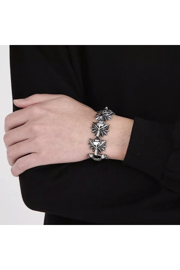 Wizard Cross Wolf Link Chain Bracelet Witcher Bangle Stainless Steel biker 8.66'