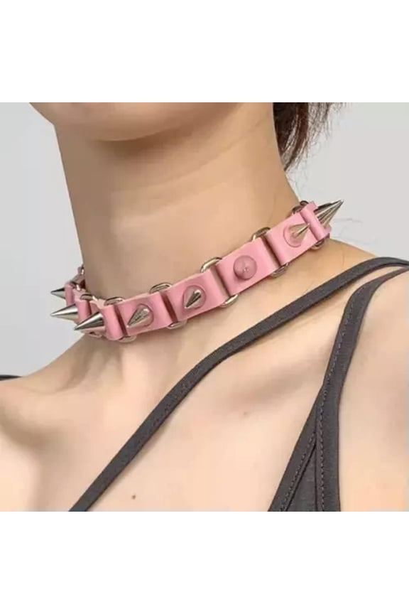 Woman Fashion Jewelry Black Leather Spikes Chain Gothic Choker Necklace-Pink