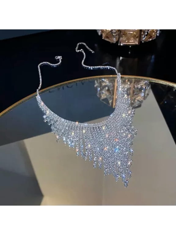 Woman Tassel Shiny Inlaid Rhinestone Statement Necklace Luxury Fashion Jewelry