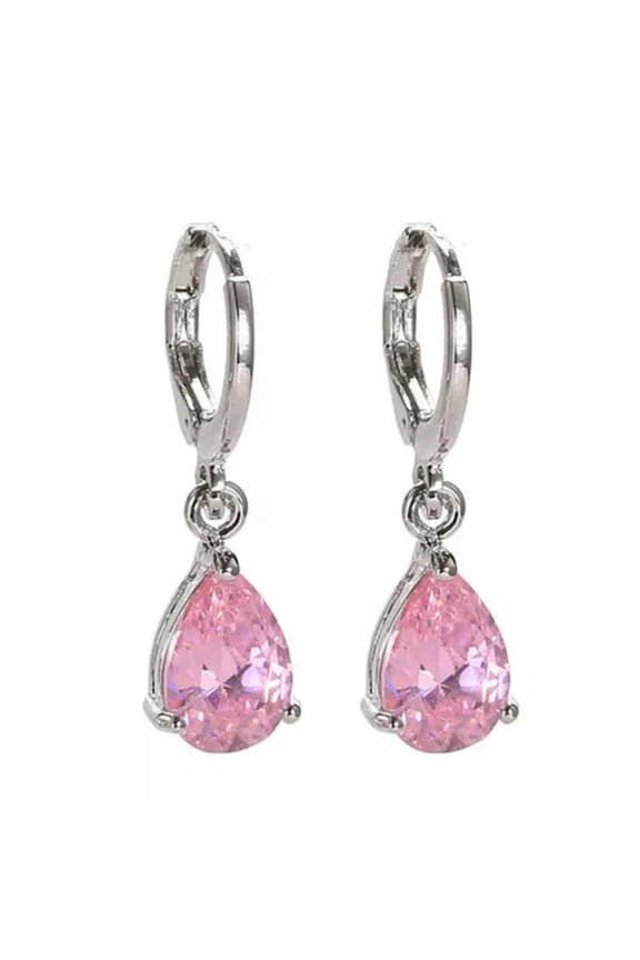 Women 925 Silver Dangle Tear Drop Pear Cut Black amethyst Crystal Drop Earrings-Pink