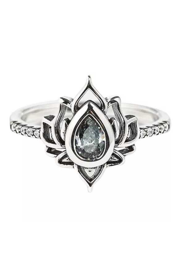 Women 925 Silver Filled Lotus Flower Ring Jewelry Cubic Zircon Gifts Size 6-10-Black-9