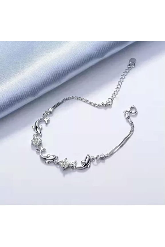 Women 925 Sterling Silver Wrist Crystal Bracelet Creative Ocean 3D Dolphin 0142-Silver
