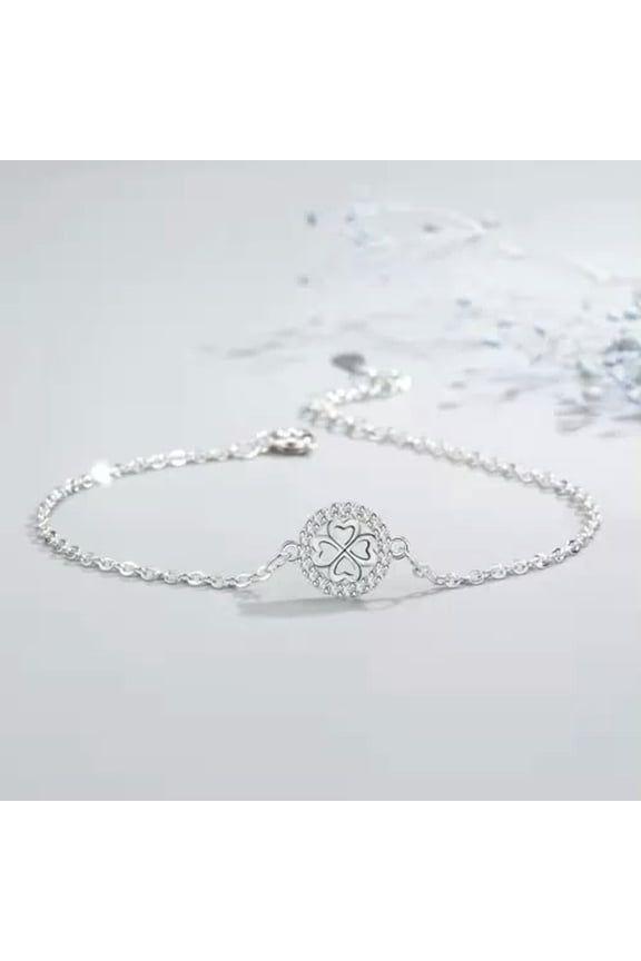 Women 925 Sterling Silver Wrist Round Crystal Lucky Flowers Clover Bracelet-Silver