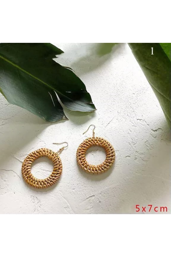 Women Bohemian Vintage Geometric Wooden Earrings Rattan Drop Dangle Earrings-1
