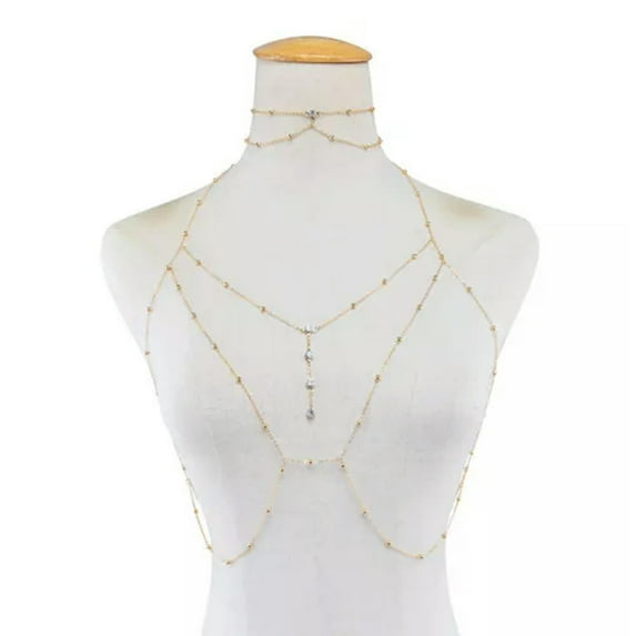 HOOUN Women Bra Waist Belly Crossover Body Chain Harness Necklace Beach Bikini Jewelry-gold chest chain