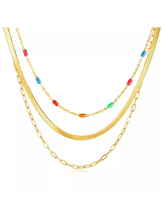 Women Colorful Drop Glue Jewelry Multi-layer Snake Bone Chain Necklace S.Steel