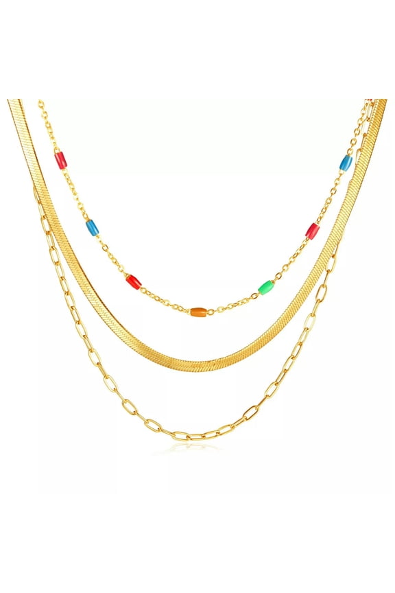 Women Colorful Drop Glue Jewelry Multi-layer Snake Bone Chain Necklace S.Steel