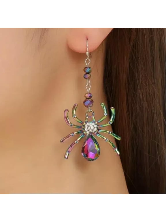 Women Colorful Rhinestone Spider Design Dangle Earrings Halloween Unique