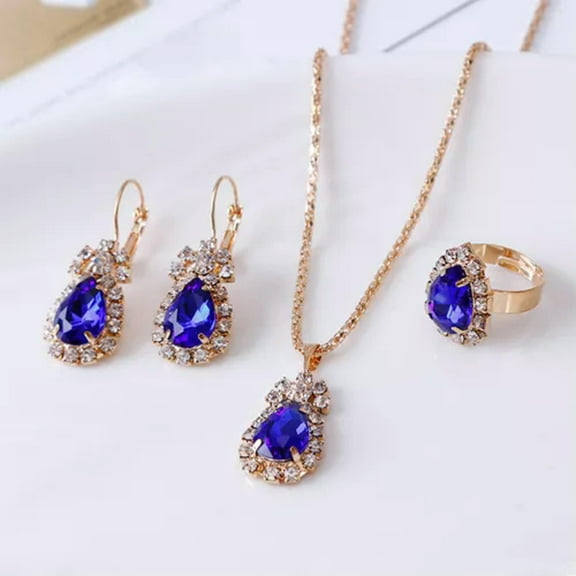 HOOUN Women Crystal Pendant Wedding Party Necklace Jewelry Sets Valentine's Day Gift-Dark blue