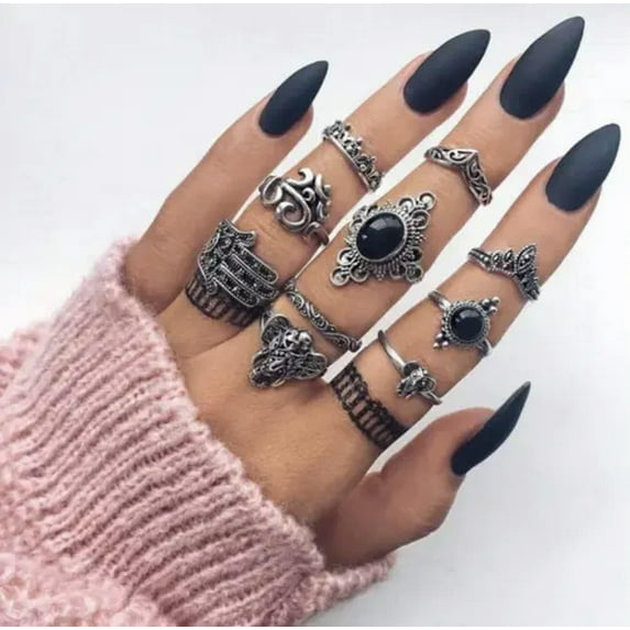 HOOUN Women Fashion Jewelry Vintage Bohemian 10 Ring Set Silver Gothic