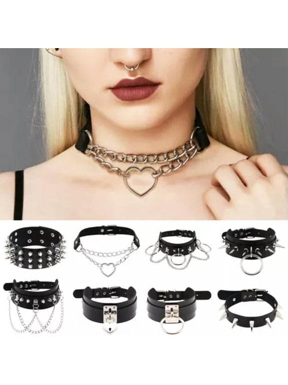 Women Gothic Leather Punk Choker O-Ring Chain Spike Rivet Buckle Collar Necklace-D