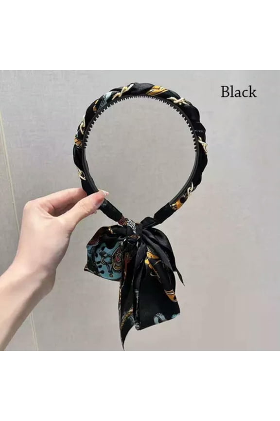 Women Hair Hoop Band Braided Hairband Streamers Headband Print Long Ribbon Lady-Black