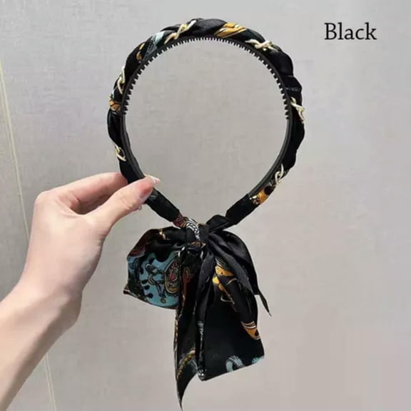 HOOUN Women Hair Hoop Band Braided Hairband Streamers Headband Print Long Ribbon Lady-Black