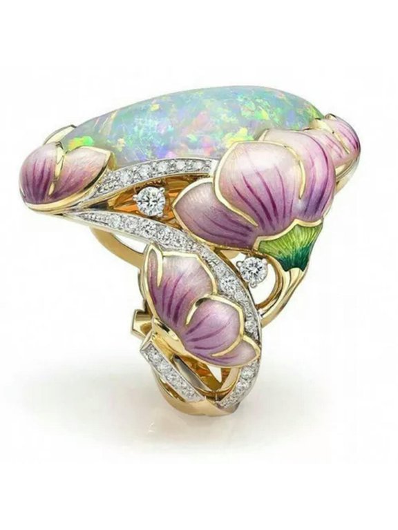 Women Luxury Huge Fire Opal Flower Ring Wedding Elegant CZ Jewelry Gift Size5-11-#1 Flower Fire Opal-11
