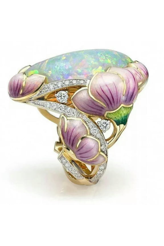 Women Luxury Huge Fire Opal Flower Ring Wedding Elegant CZ Jewelry Gift Size5-11-#1 Flower Fire Opal-11