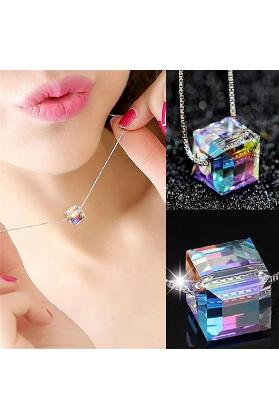 Women Magic Cube Crystal Pendant Choker Collar Silver Box Chain Necklace