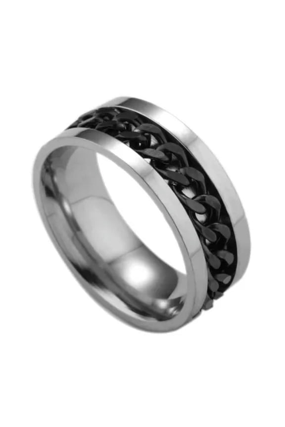 Women Men Stainless Steel Rotatable Chain Band Ring Finger Spinner Ring Band-Black-12