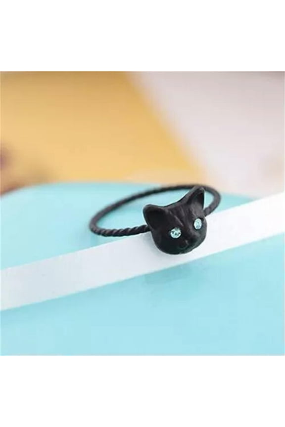Women Mini Lovely Cat Shaped Ring Rhinestone Studd Ring Black Gold Silver -lq_-Black