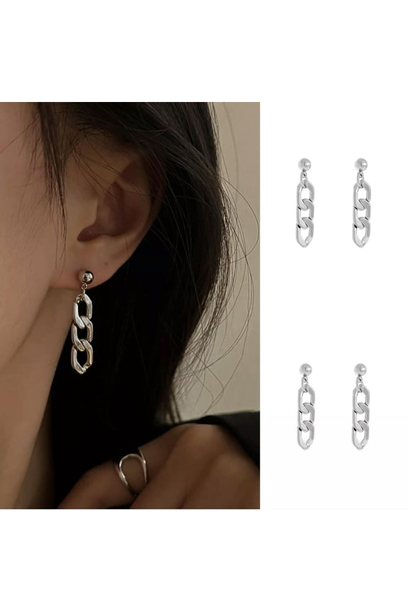 Women Silver Cuban Link Chain Ball Ear Stud Surgical Steel Dangle Drop Earrings
