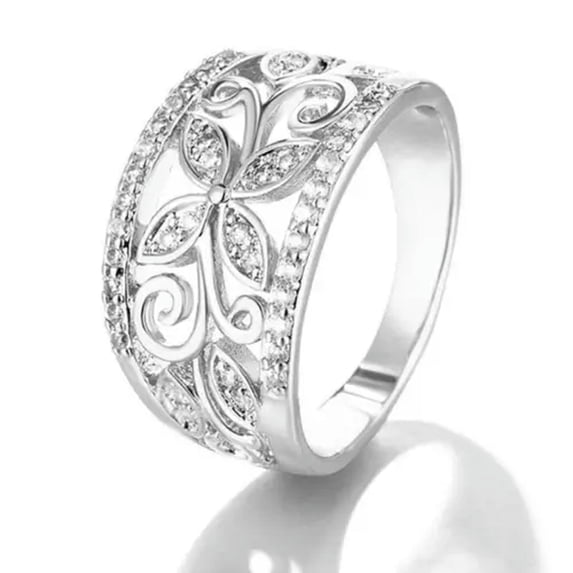 HOOUN Women Silver/Gold Hollow Carved Flowers & Plants White Cubic Zircon Wedding Ring-01# Silver-8