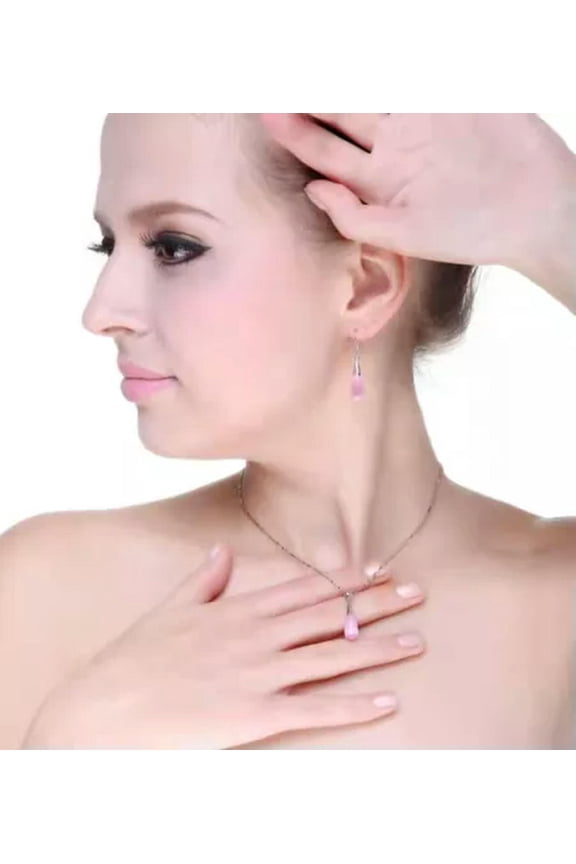 Women Value Jewelry Set Moonstone Opal Necklace Earrings Tassel Teardrop 1303-Pink