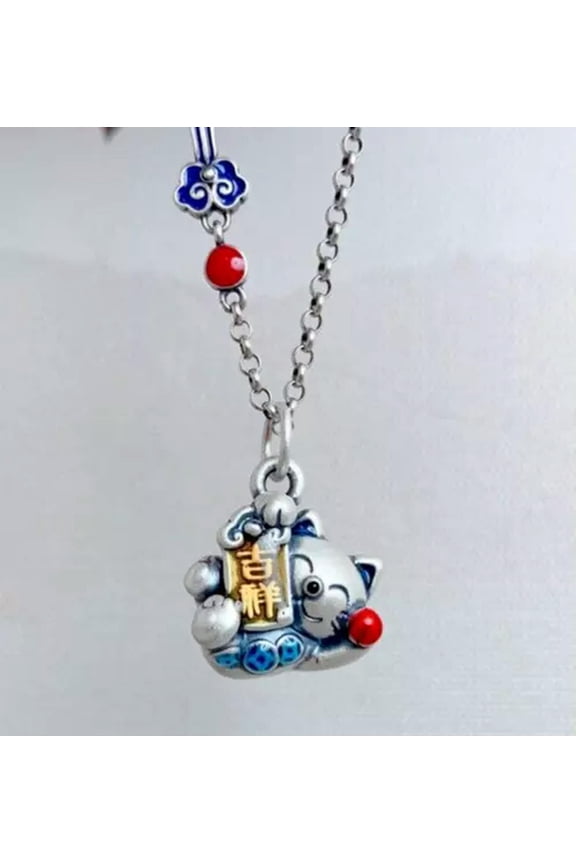 Women Vintage Amulet Lucky Cat Necklace Chain Cloisonn Hollow Wealth Jewelry
