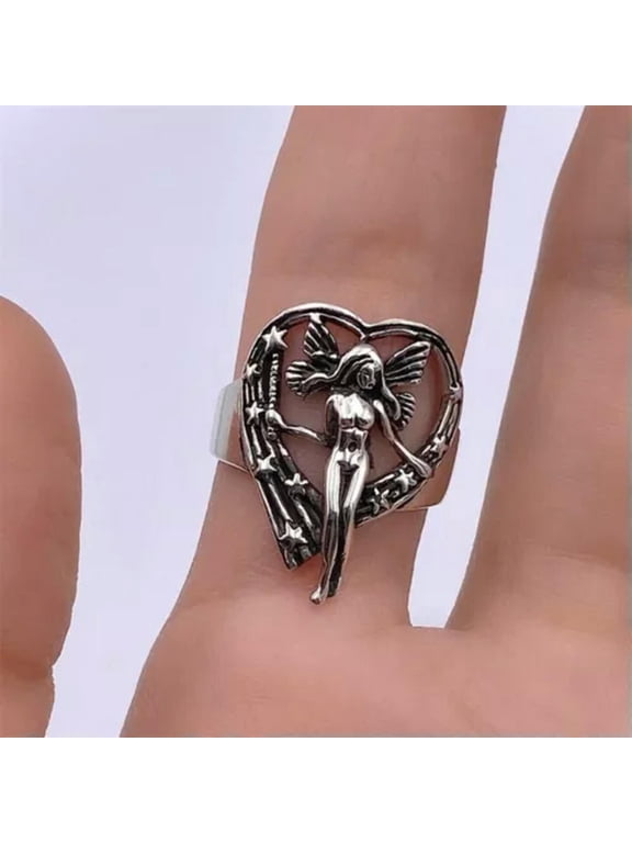 Women Vintage Goddess Gothic Punk Style Angel Heart Wings Star Ring Jewelry Gift-Silver-9