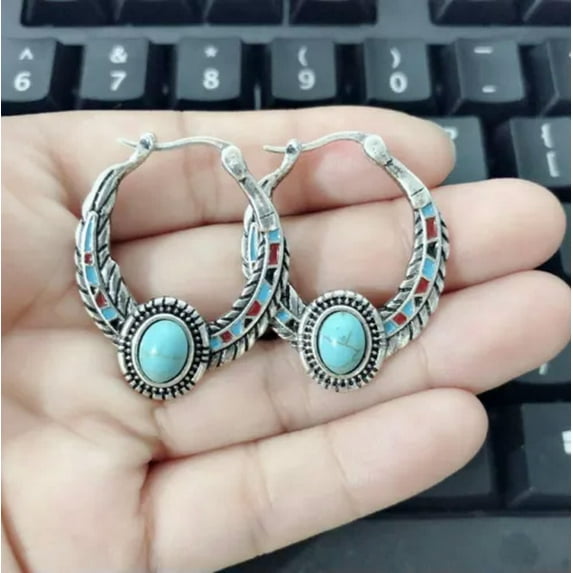 HOOUN Women Vintage Turquoise Silver Dangle Earrings Wedding Gifts BOHO Retro Jewelry-#48Turquoise Feather